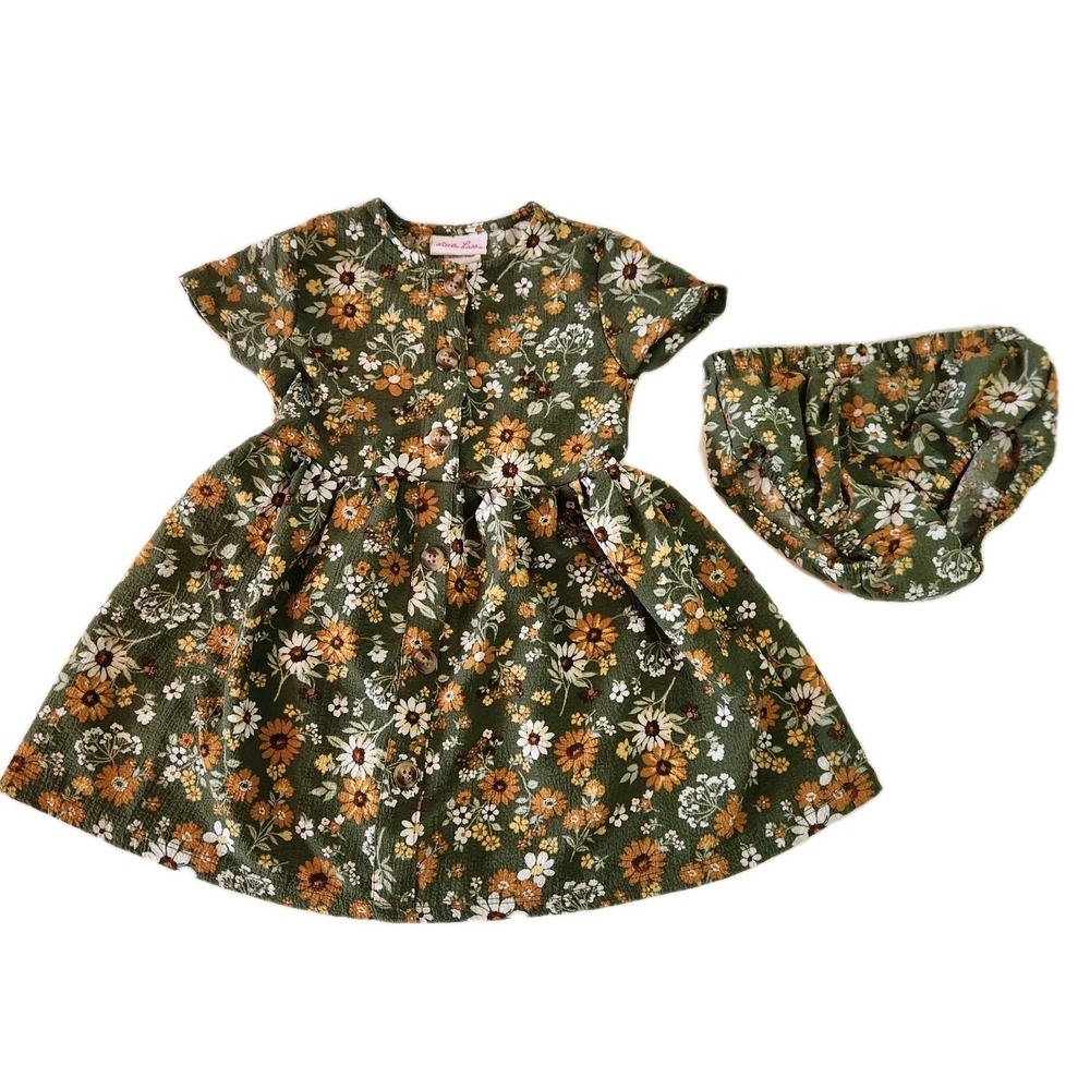 Little Lass 24M Floral Dress Bloomer Set Green Cottagecore Prairie Baby Toddler